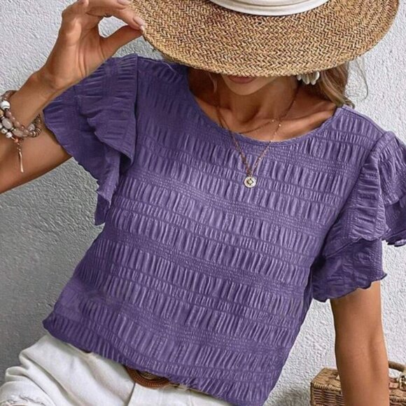 Tops - Solid Ruffle Trim Blouse
